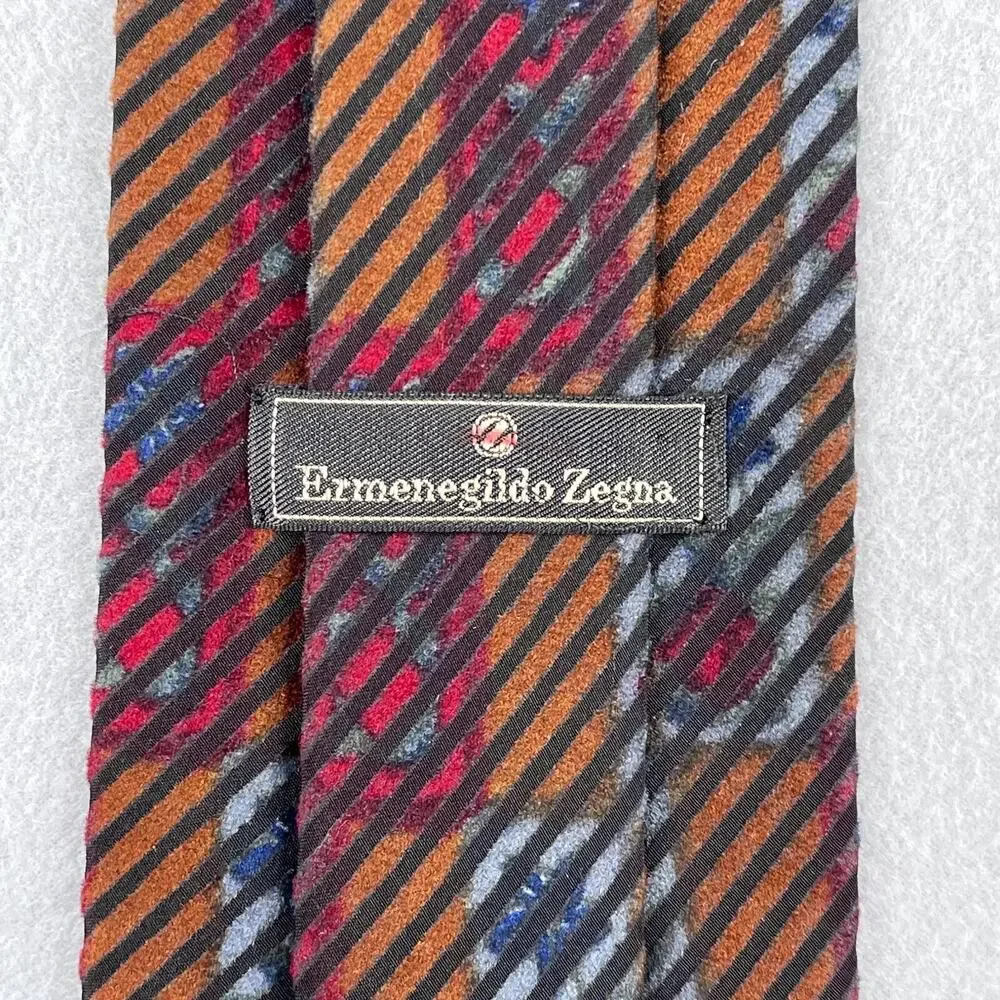 Ermenegildo Zegna Neck Tie Silk Blend Brown Striped Textured Made In Italy Mens